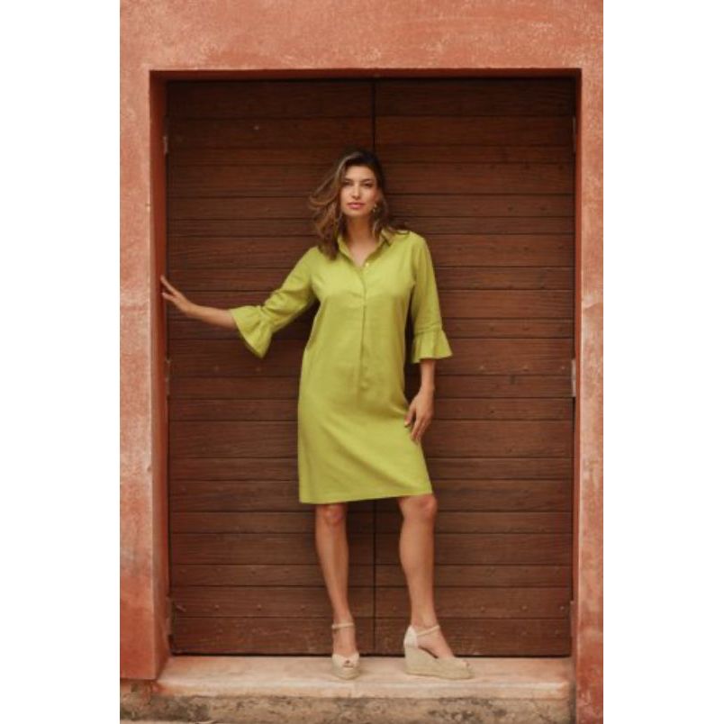 Pomodoro Women’s Linen Frill Sleeve Dress | Lime 22506