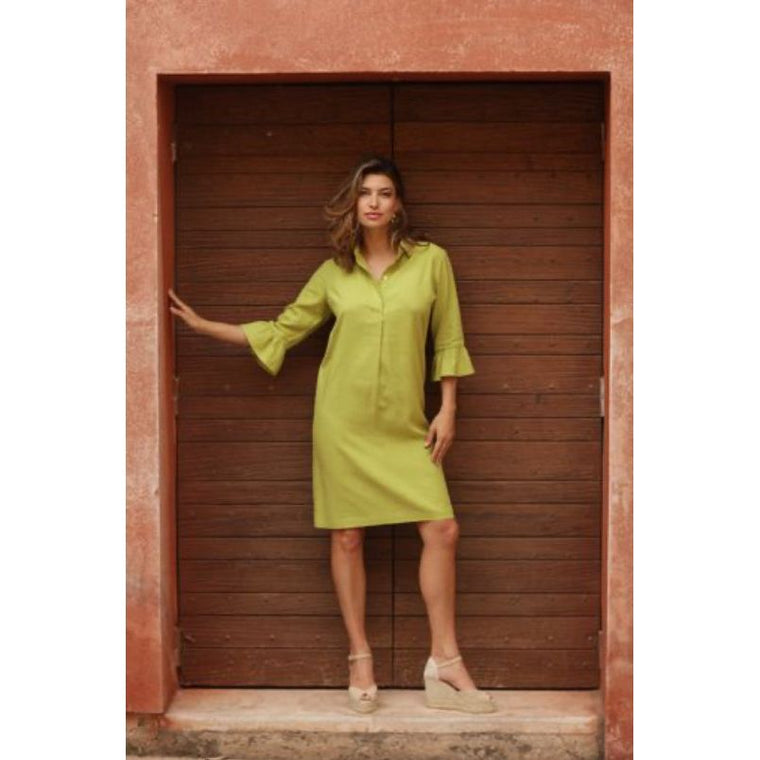 Pomodoro Women’s Linen Frill Sleeve Dress | Lime 22506